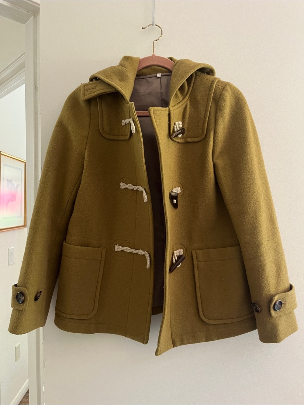 Olive Green Wool Hooded Toggle Coat